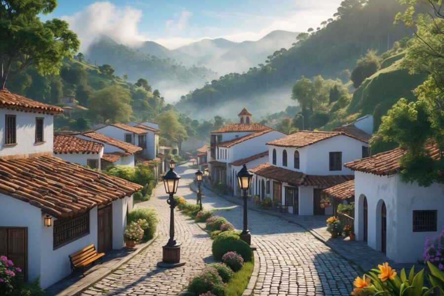 Vista de uma pequena cidade com casas coloniais, ruas de pedra, árvores verdes e montanhas ao fundo sob um céu azul.