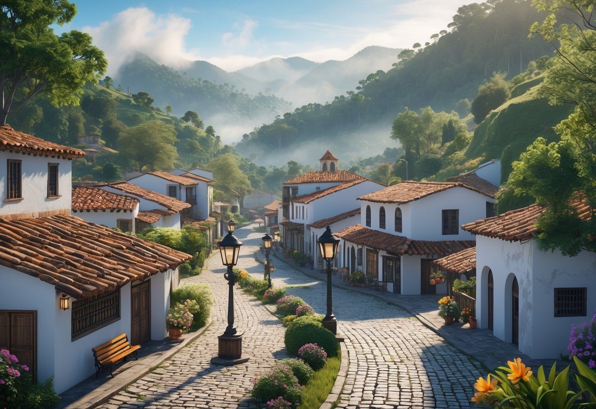 Vista de uma pequena cidade com casas coloniais, ruas de pedra, árvores verdes e montanhas ao fundo sob um céu azul.
