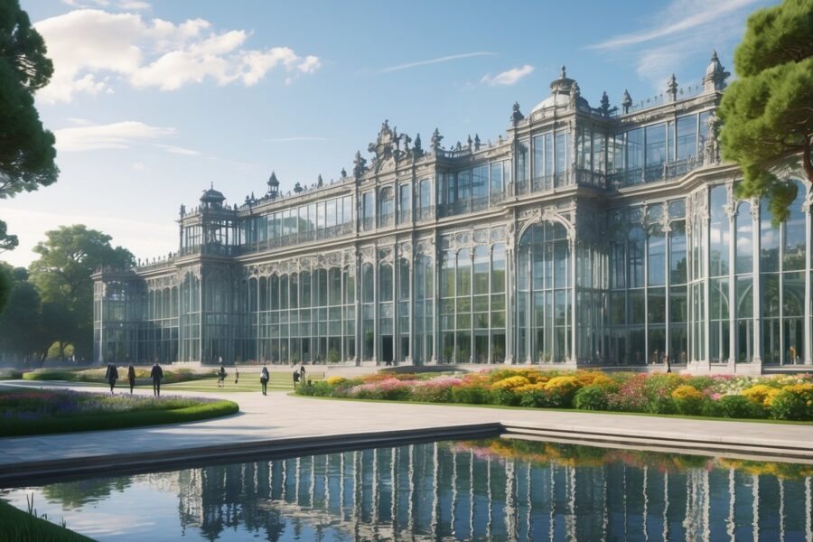 Vista do Palácio de Cristal em Porto, mostrando sua estrutura de vidro e ferro com jardins ao redor e um lago refletindo o prédio.