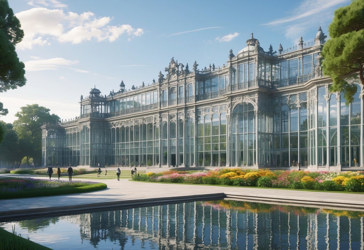 Vista do Palácio de Cristal em Porto, mostrando sua estrutura de vidro e ferro com jardins ao redor e um lago refletindo o prédio.