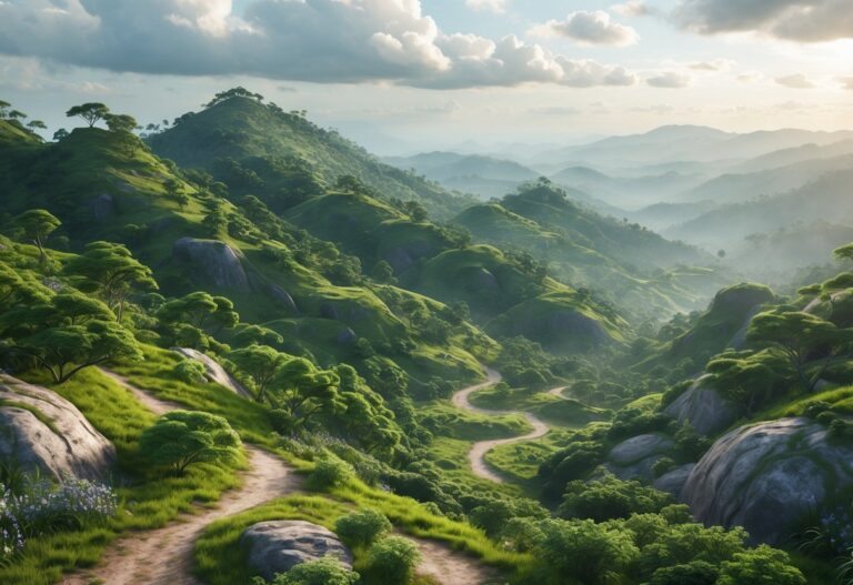 Vista das montanhas verdes e cobertas por vegetação densa da Serra em Minas Gerais, com trilhas e formações rochosas sob um céu parcialmente nublado.