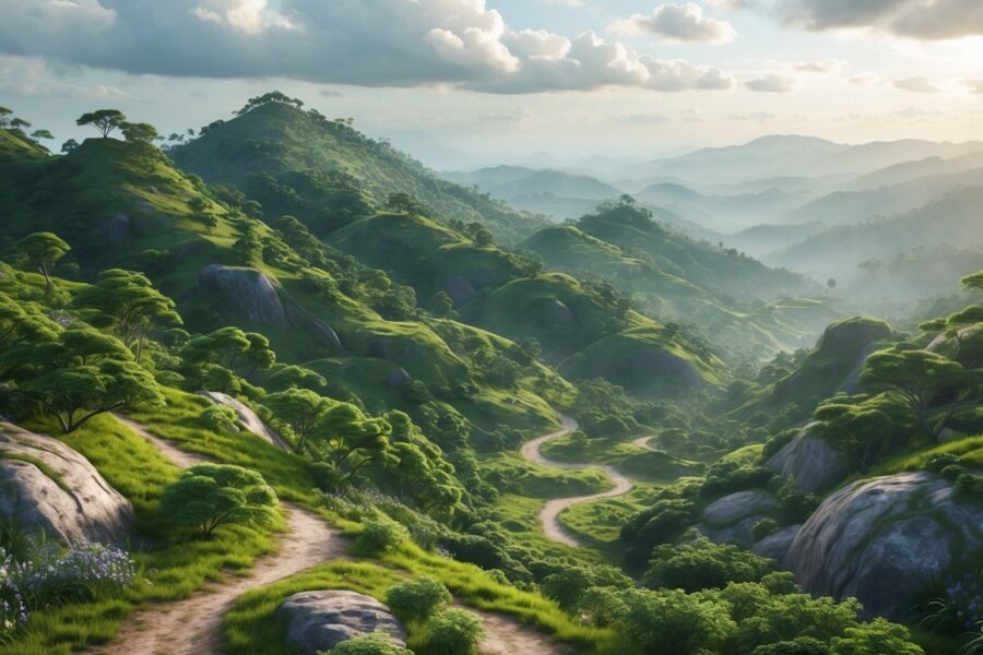 Vista das montanhas verdes e cobertas por vegetação densa da Serra em Minas Gerais, com trilhas e formações rochosas sob um céu parcialmente nublado.