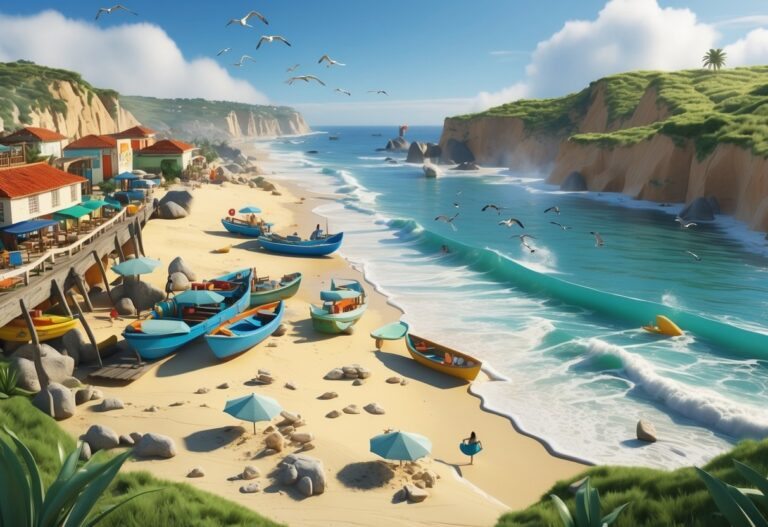 Cena de praia em Punta del Diablo com barcos de pesca, surfistas, pessoas na areia, dunas verdes, casas pequenas e penhascos ao fundo sob céu azul.