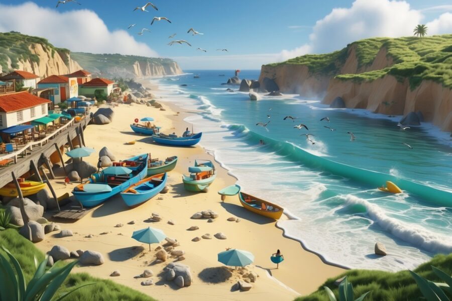 Cena de praia em Punta del Diablo com barcos de pesca, surfistas, pessoas na areia, dunas verdes, casas pequenas e penhascos ao fundo sob céu azul.