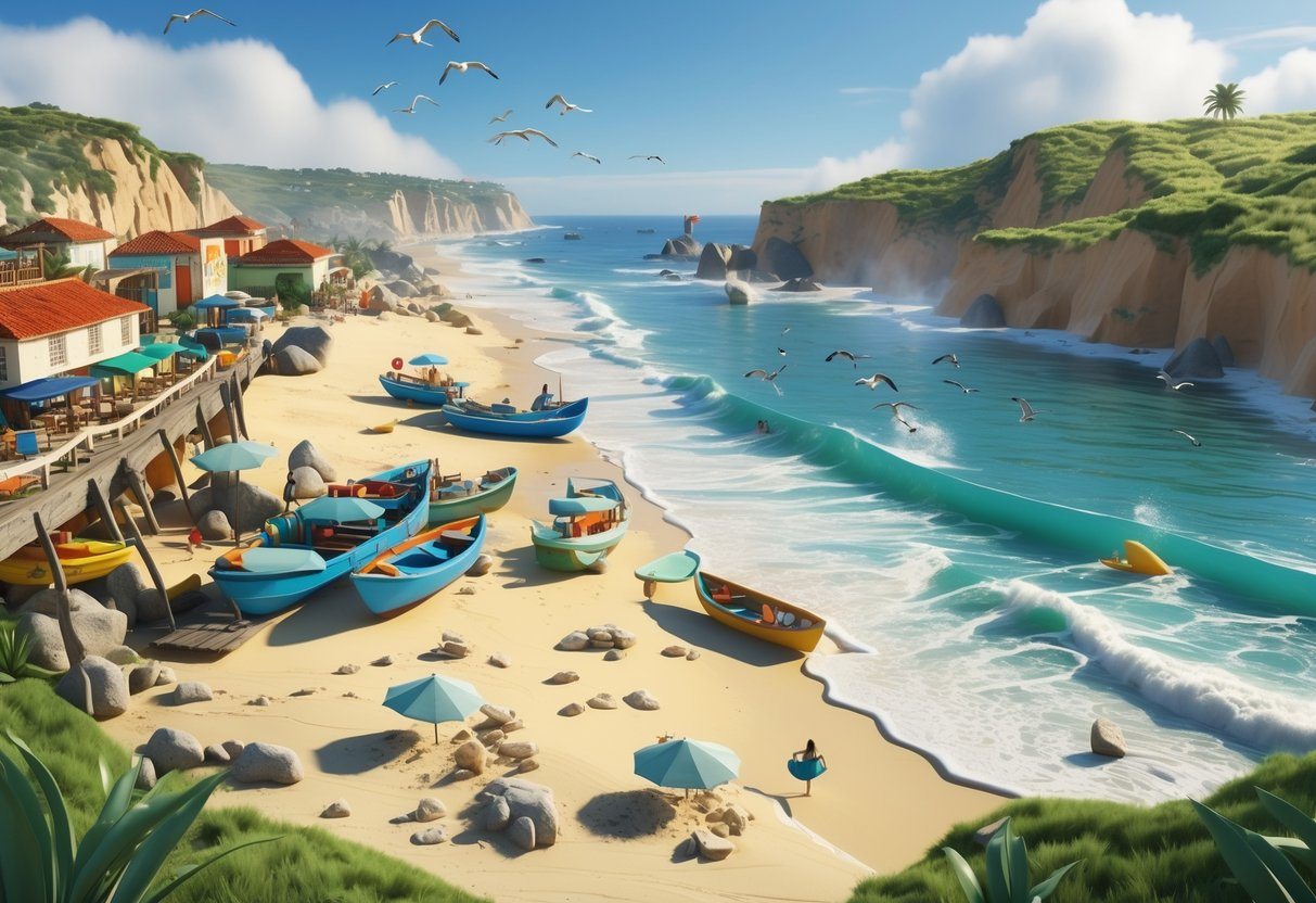 Cena de praia em Punta del Diablo com barcos de pesca, surfistas, pessoas na areia, dunas verdes, casas pequenas e penhascos ao fundo sob céu azul.