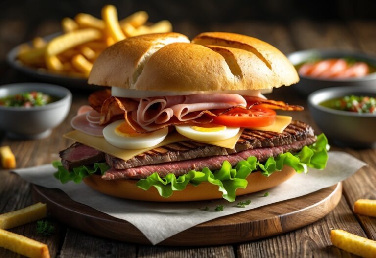 Sanduíche chivito com carne grelhada, queijo, bacon, alface, tomate, ovos e presunto, servido com batatas fritas e molho chimichurri em uma mesa de madeira.