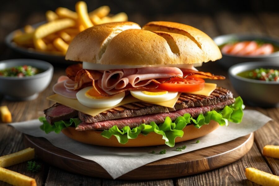 Sanduíche chivito com carne grelhada, queijo, bacon, alface, tomate, ovos e presunto, servido com batatas fritas e molho chimichurri em uma mesa de madeira.