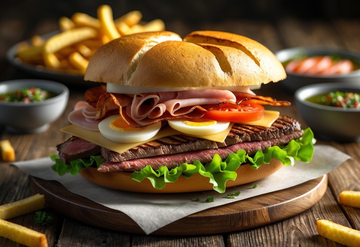 Sanduíche chivito com carne grelhada, queijo, bacon, alface, tomate, ovos e presunto, servido com batatas fritas e molho chimichurri em uma mesa de madeira.