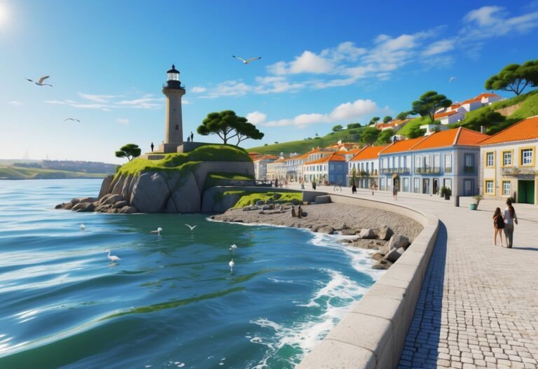 Vista da costa de Foz do Douro com o farol em um rochedo, vegetação verde, casas ao fundo e o mar calmo sob céu azul.