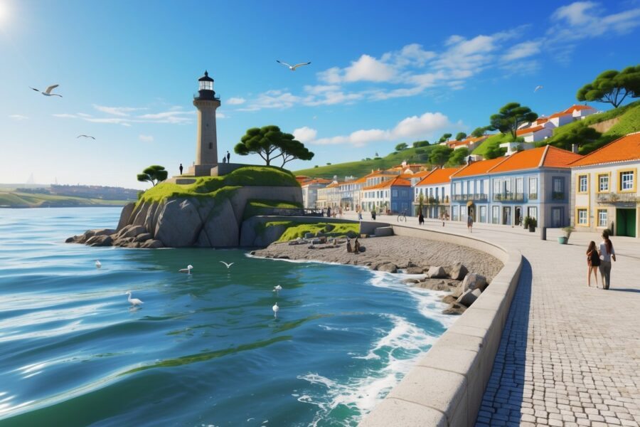 Vista da costa de Foz do Douro com o farol em um rochedo, vegetação verde, casas ao fundo e o mar calmo sob céu azul.
