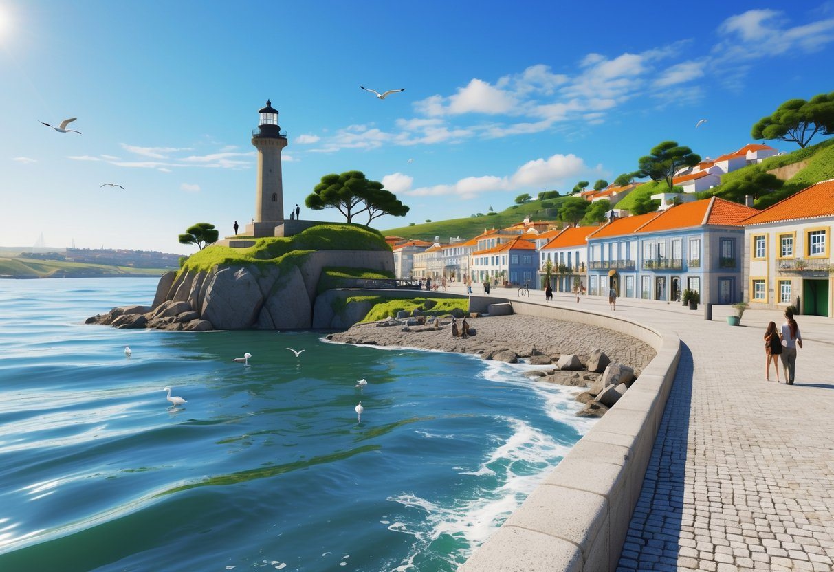 Vista da costa de Foz do Douro com o farol em um rochedo, vegetação verde, casas ao fundo e o mar calmo sob céu azul.