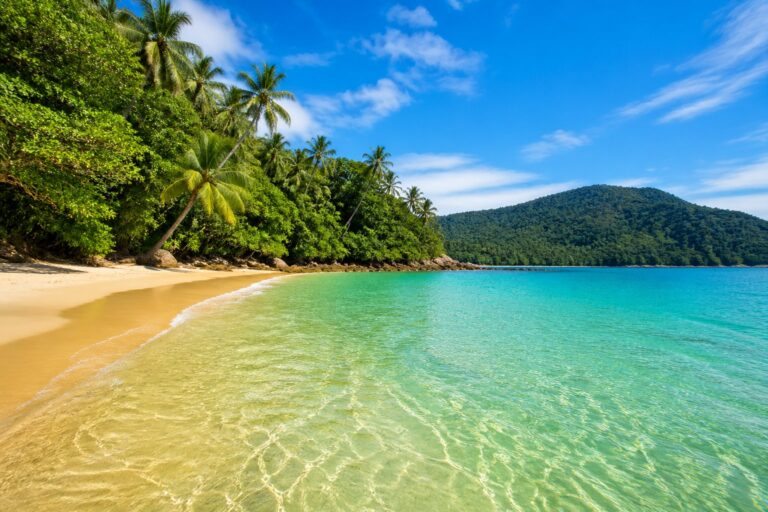 Praia de Ubatuba com areia branca, água cristalina e vegetação tropical ao fundo sob céu azul.