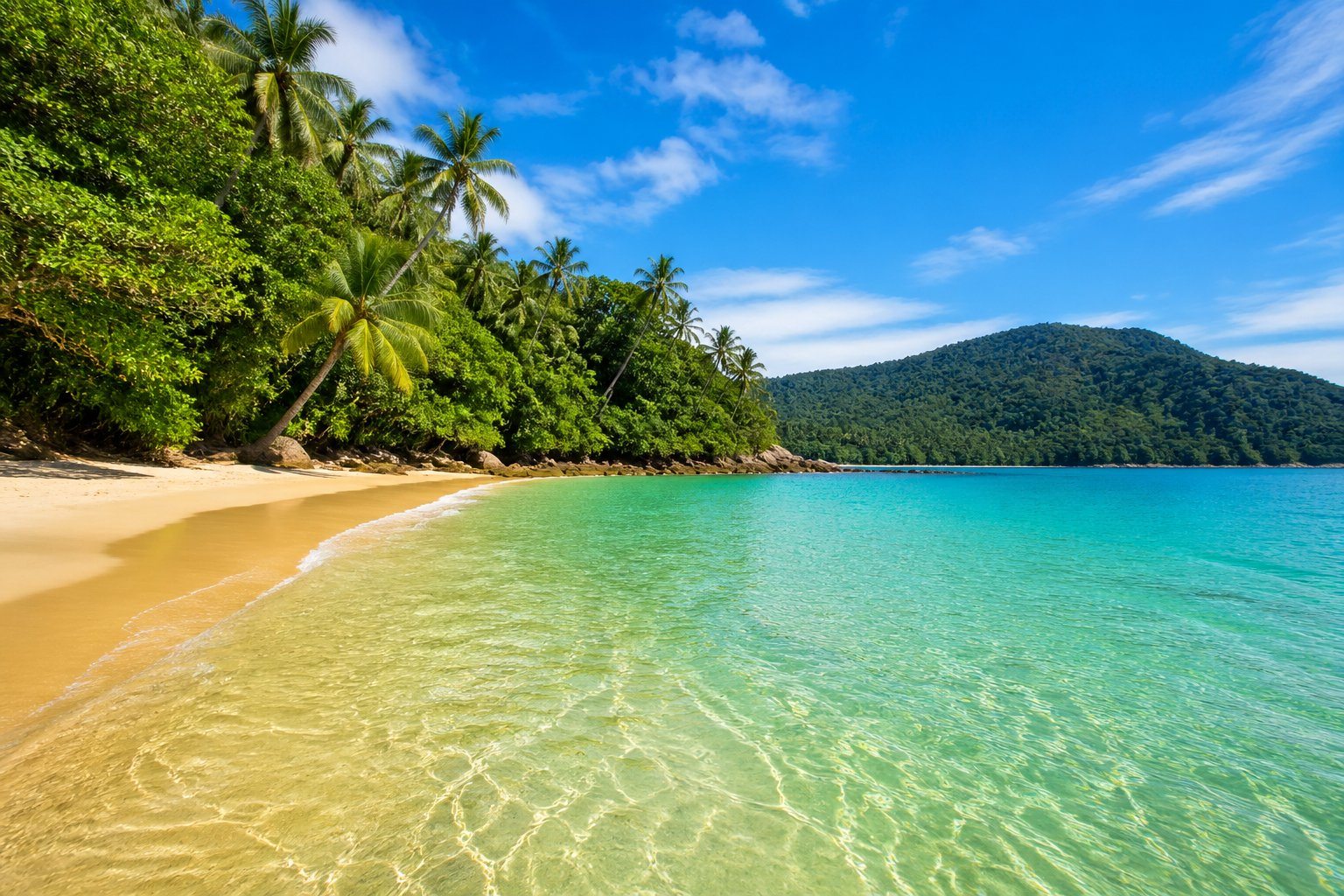 Praia de Ubatuba com areia branca, água cristalina e vegetação tropical ao fundo sob céu azul.