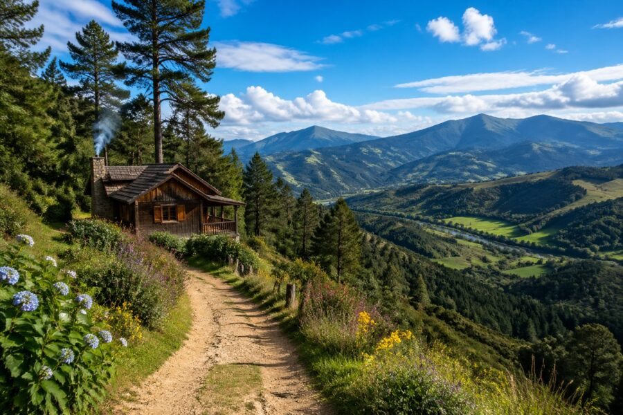 Paisagem com montanhas verdes cobertas por pinheiros, uma trilha cercada por flores silvestres, uma cabana rústica entre as árvores e um vale ao fundo com um rio sob o céu azul.
