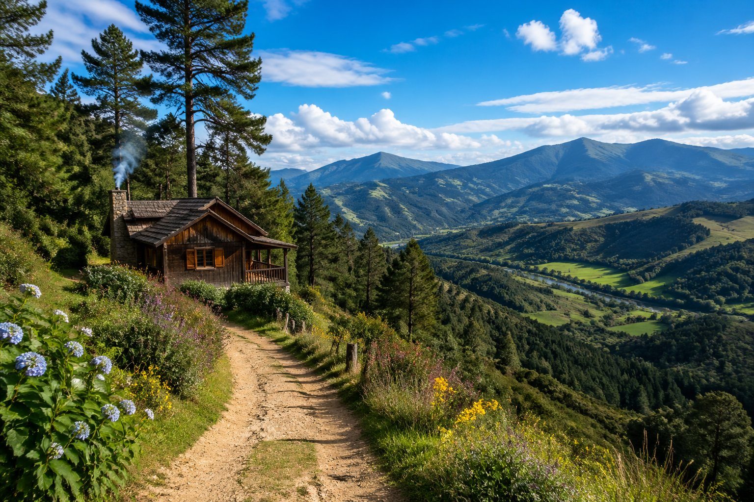 Paisagem com montanhas verdes cobertas por pinheiros, uma trilha cercada por flores silvestres, uma cabana rústica entre as árvores e um vale ao fundo com um rio sob o céu azul.