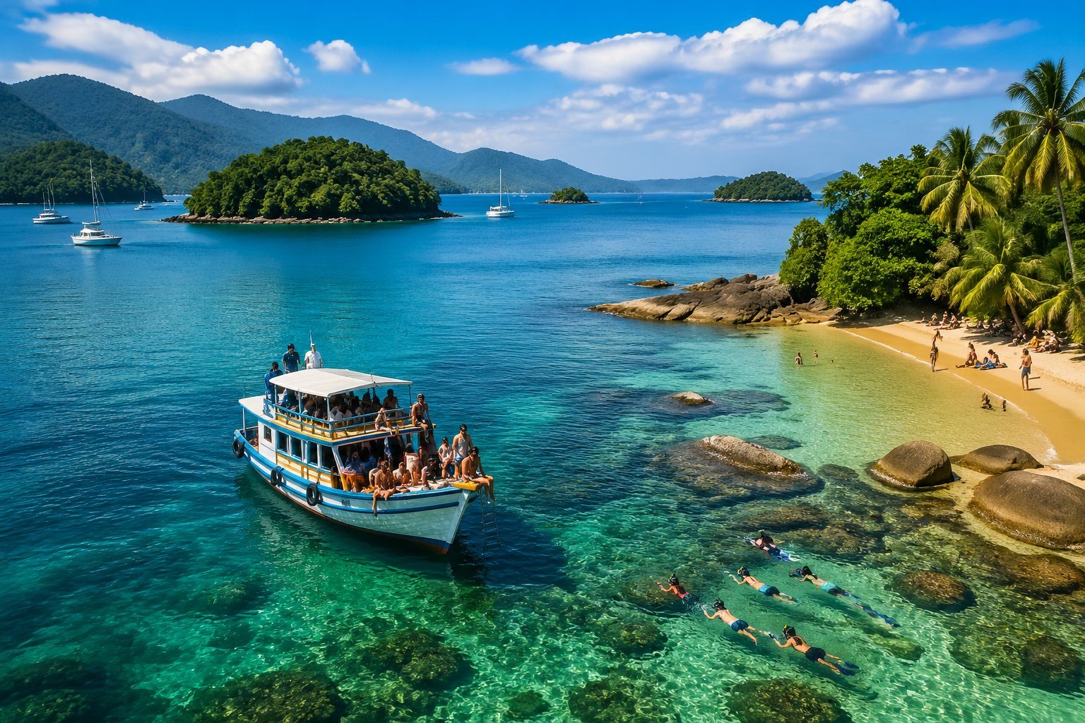 Vista de Angra dos Reis com águas cristalinas, ilhas verdes, turistas em um passeio de barco, pessoas mergulhando e uma praia com coqueiros.