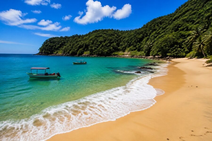 Praia do Félix com areia dourada, mar azul cristalino, vegetação verde nas falésias e céu azul com poucas nuvens.