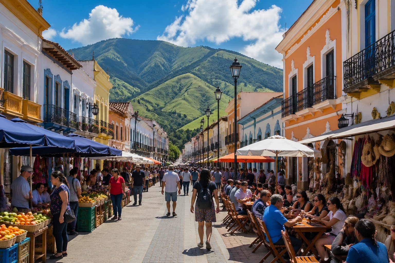 Rua movimentada em Taubaté com prédios coloridos, mercado local, pessoas caminhando e colinas verdes ao fundo.