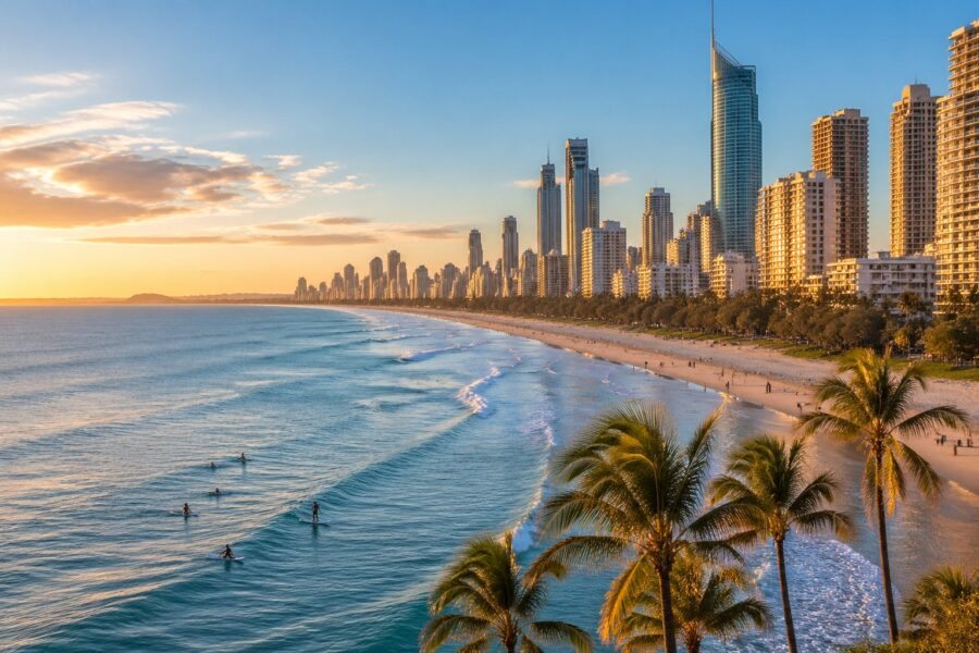 Vista panorâmica da orla da Gold Coast com prédios altos, praia de areia clara, mar azul e palmeiras ao entardecer.