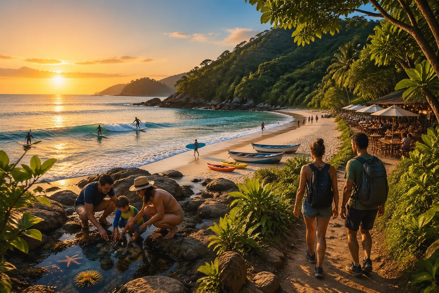Praia tropical em Ubatuba com pessoas caminhando, surfando e explorando a natureza ao pôr do sol.