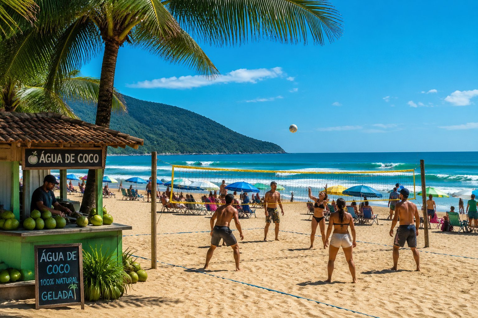 Praia de Maresias com areia, mar, surfistas, pessoas jogando vôlei e quiosque de água de coco ao fundo.