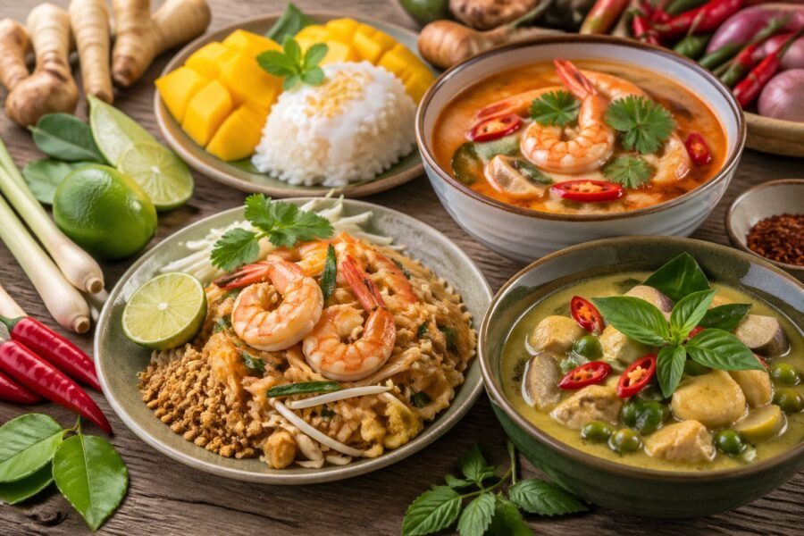 Mesa com diversos pratos típicos da Tailândia, incluindo Pad Thai, sopa Tom Yum, curry verde, arroz doce de manga e ingredientes frescos ao redor.