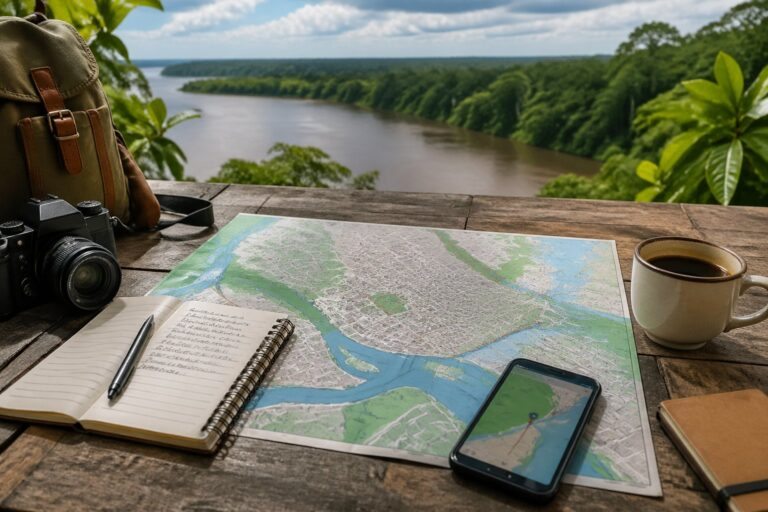 Mesa com mapa de Manaus, câmera, caderno, café e smartphone, com vista do rio Amazonas e floresta ao fundo.