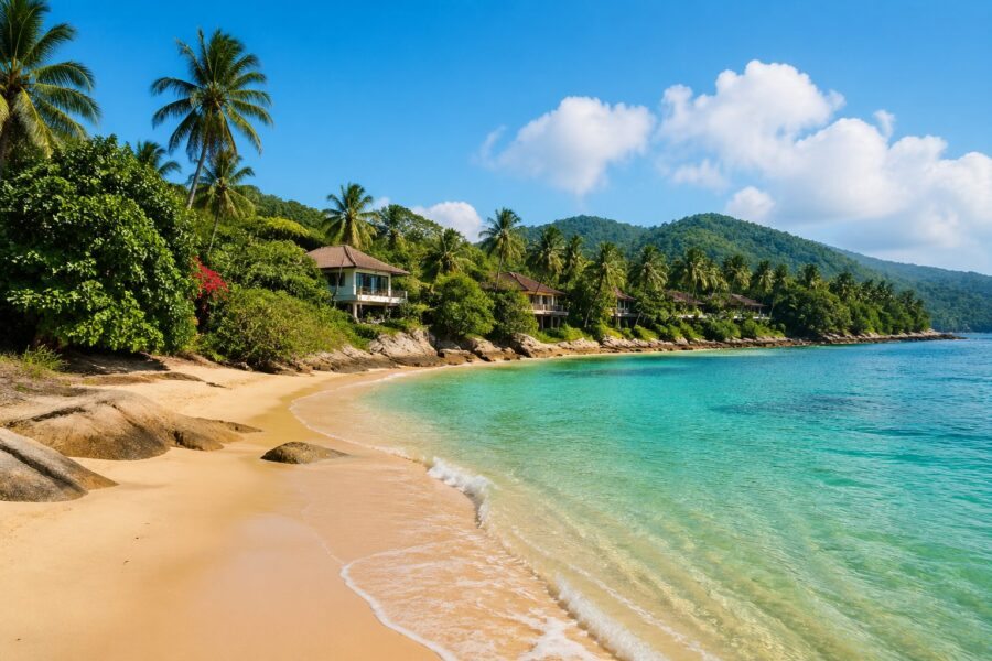 Praia de Ubatuba com areia clara, mar azul, vegetação tropical e casas à beira da praia sob céu azul.