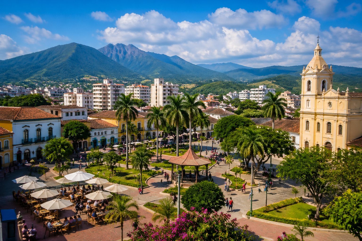 Vista panorâmica da cidade de Pindamonhangaba com pessoas aproveitando uma praça pública ensolarada, edifícios coloridos, áreas verdes e montanhas ao fundo.