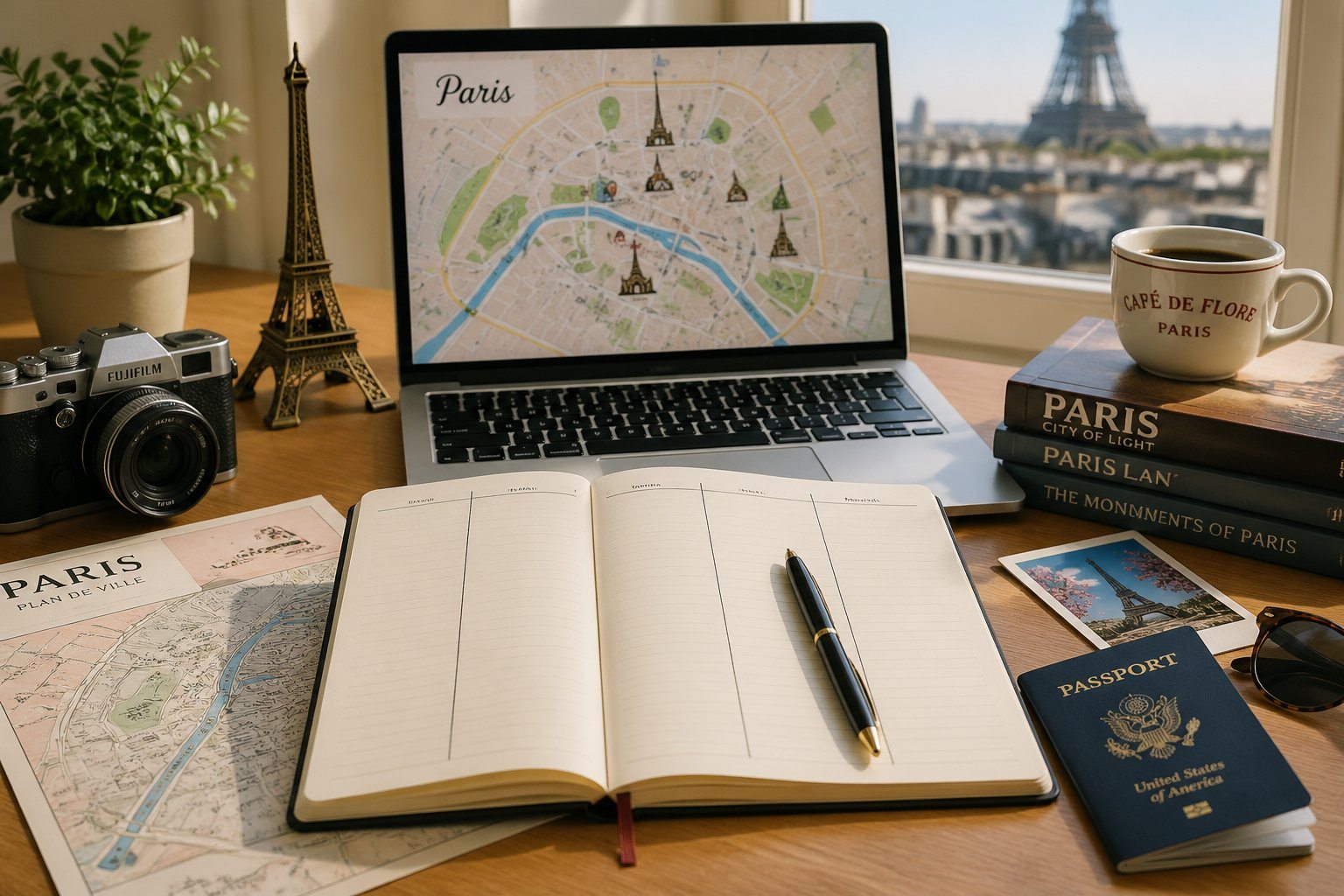Mesa organizada com itens de planejamento de viagem para Paris, incluindo caderno aberto, miniatura da Torre Eiffel, mapa e câmera.