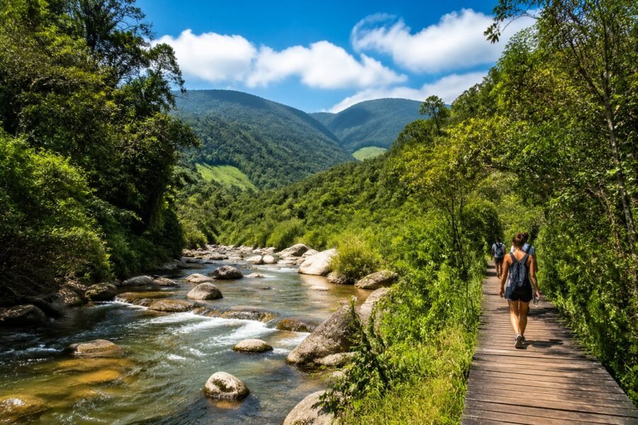 Montanhas verdes e rio cristalino em Visconde de Mauá com pessoas caminhando em trilha na floresta.