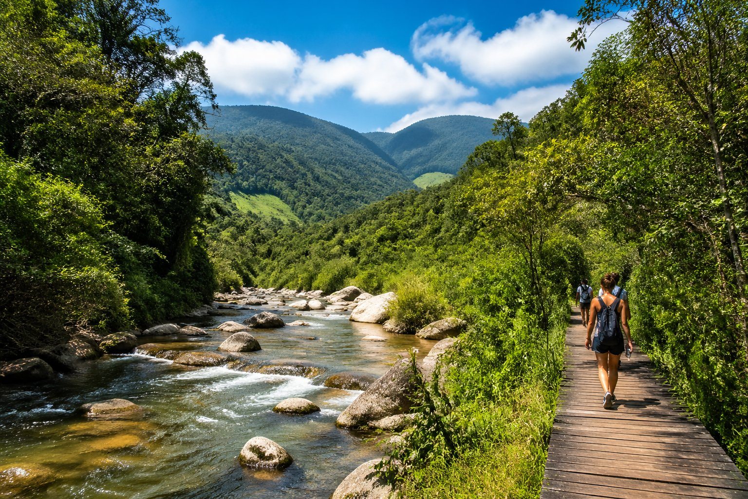 Montanhas verdes e rio cristalino em Visconde de Mauá com pessoas caminhando em trilha na floresta.