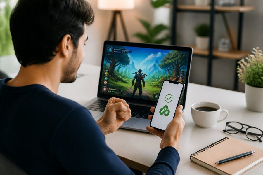 Pessoa jovem usando laptop e smartphone em uma mesa organizada, mostrando jogo online e aplicativo Pix para transferências.