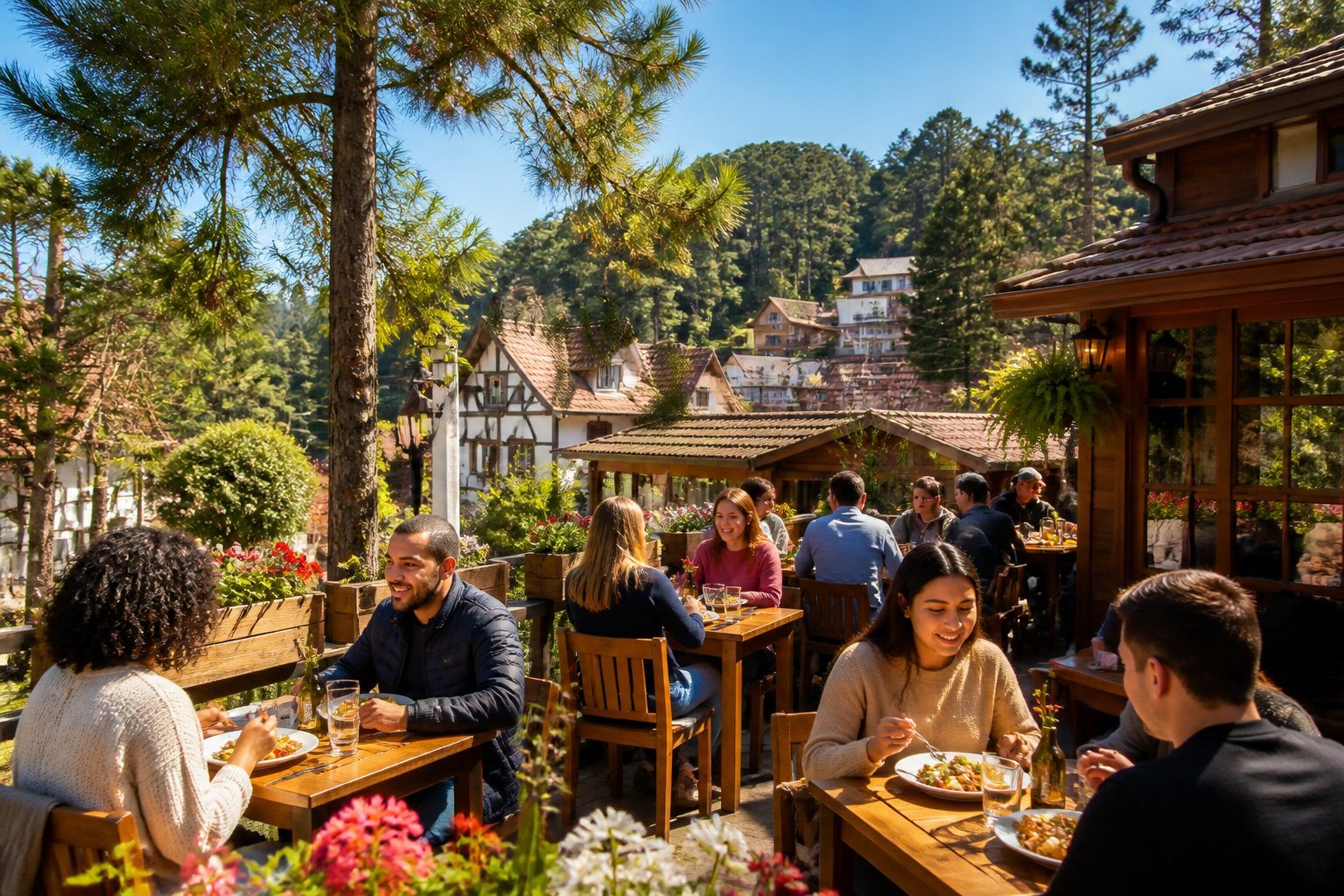Clientes desfrutando de refeições em um restaurante ao ar livre cercado por árvores e flores em Campos do Jordão.